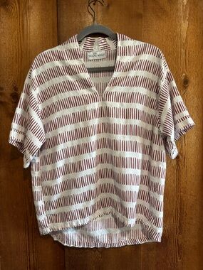 Brooke Wright Linen Blend V-Neck Kaftan Top Striped Oversized Boxy Shirt